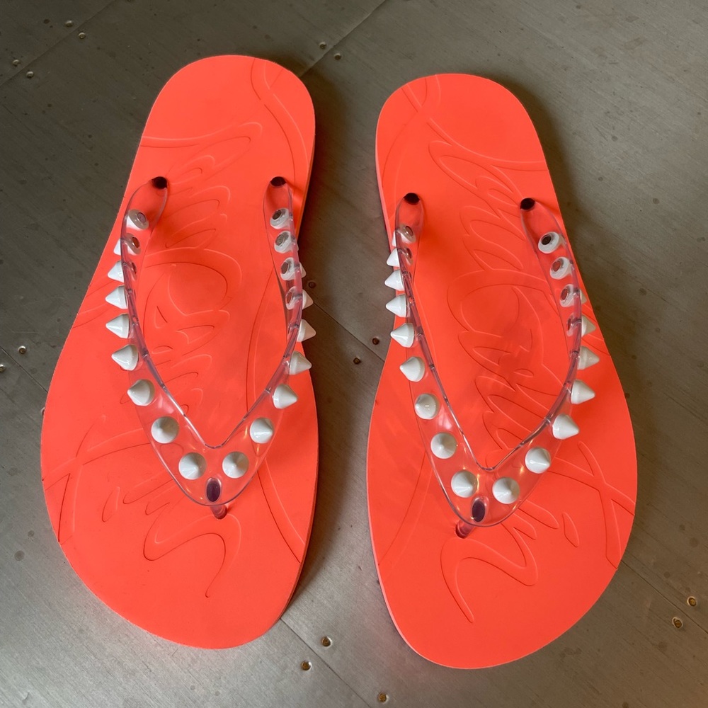christian louboutin loubi flip flop orange white drag sandal flat sz 37